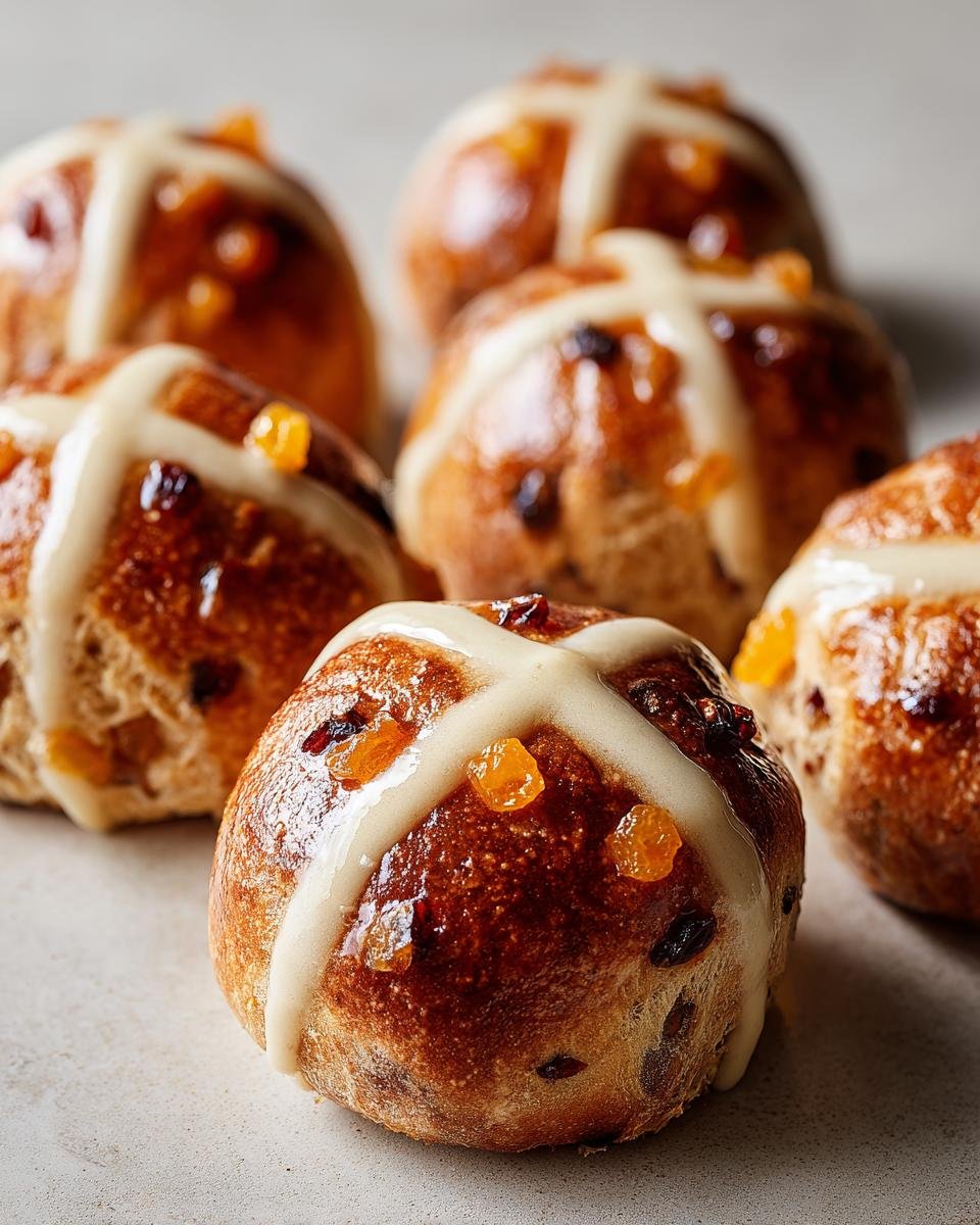 A close-up of several freshly baked Hot Cross Buns With Candied Fruit, topped with a white icing cross.