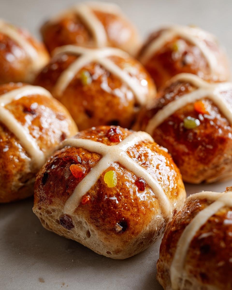 A close-up of several glossy, freshly baked Hot Cross Buns With Candied Fruit topped with white icing crosses.