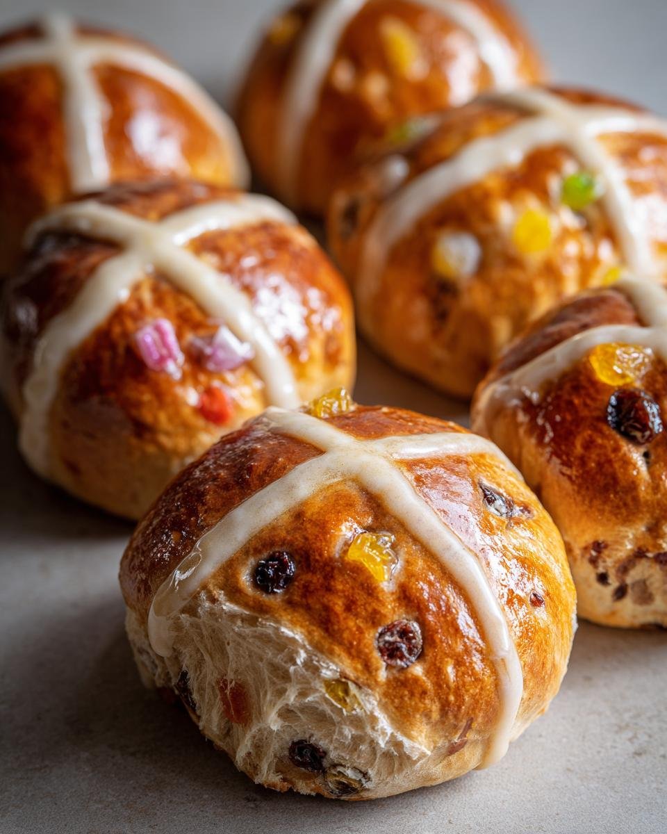 A close-up of several freshly baked Hot Cross Buns With Candied Fruit, glazed and topped with white icing crosses.