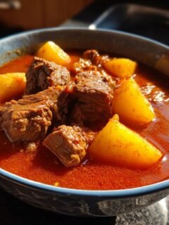 Close-up of a bowl of vibrant red Hungarian Goulash featuring tender beef chunks and large pieces of potato.