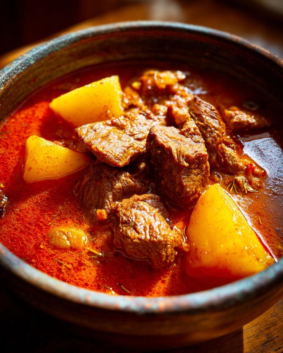 Close-up of rich, red Hungarian Goulash featuring chunks of beef and large pieces of potato in a rustic bowl.