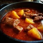 Close-up of rich, red Hungarian Goulash stew featuring chunks of beef and potatoes in a dark pot.