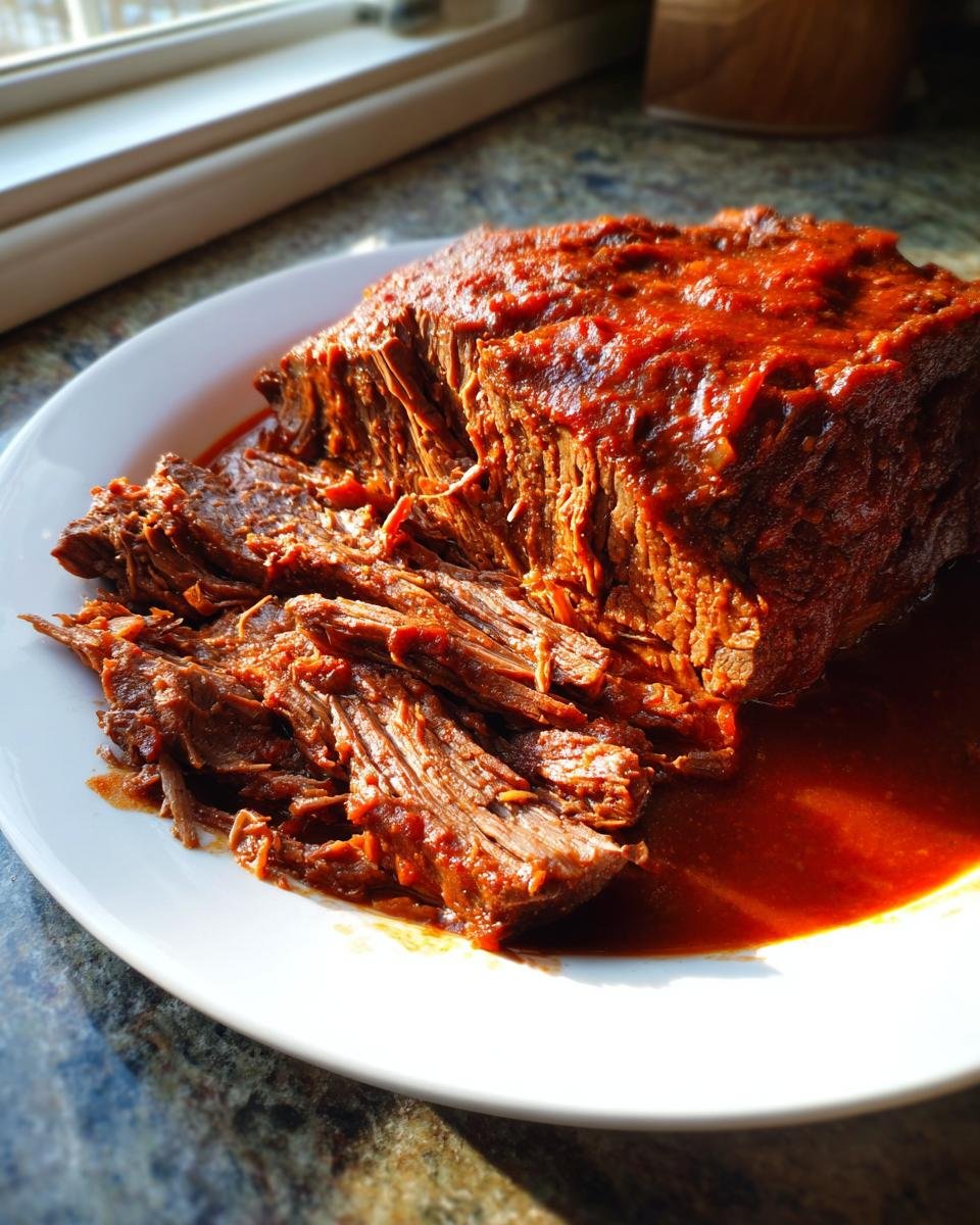 A large piece of tender, shredded Italian Pot Roast Stracotto covered in rich tomato sauce on a white plate.