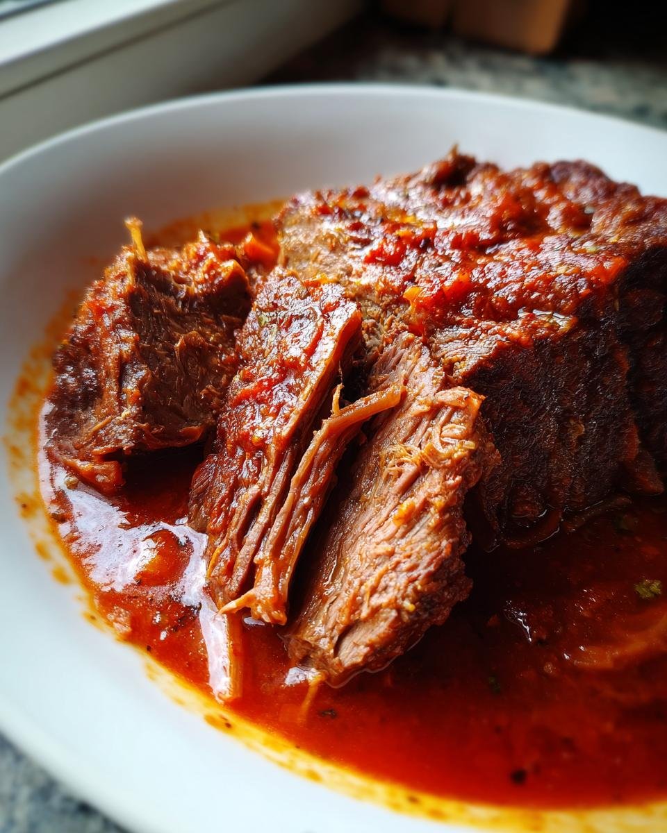 Close-up of tender, shredded Italian Pot Roast Stracotto covered in a thick, rich tomato sauce.