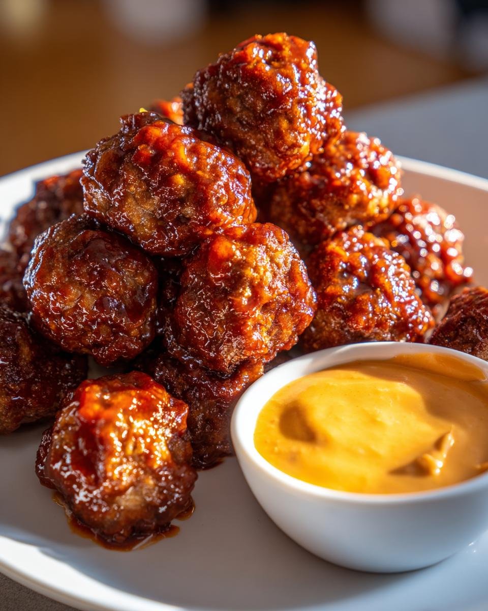 A pile of glossy Korean Bbq Meatballs glazed in sauce, served next to a small white bowl of spicy mayo dip.
