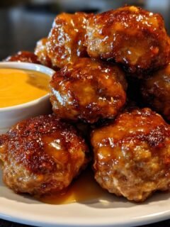 A pile of glazed Korean Bbq Meatballs served with a side of bright orange spicy mayo dip.