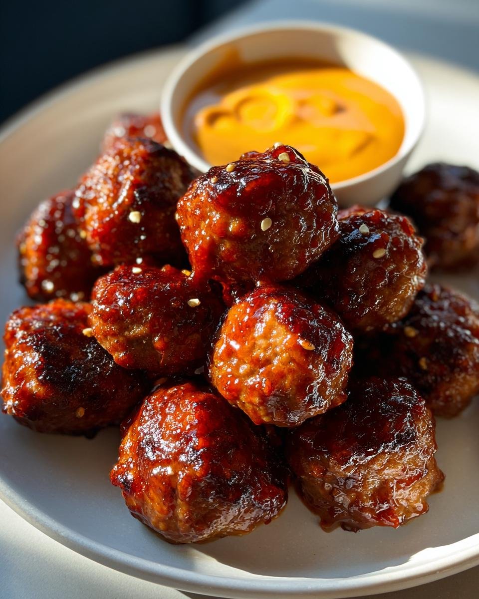 A pile of sticky, glazed Korean Bbq Meatballs garnished with sesame seeds, served next to a small bowl of spicy mayo dip.