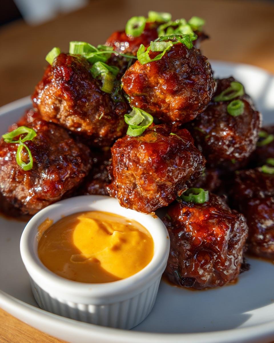 A pile of glazed Korean Bbq Meatballs topped with green onions, served next to a small white ramekin of spicy mayo dip.