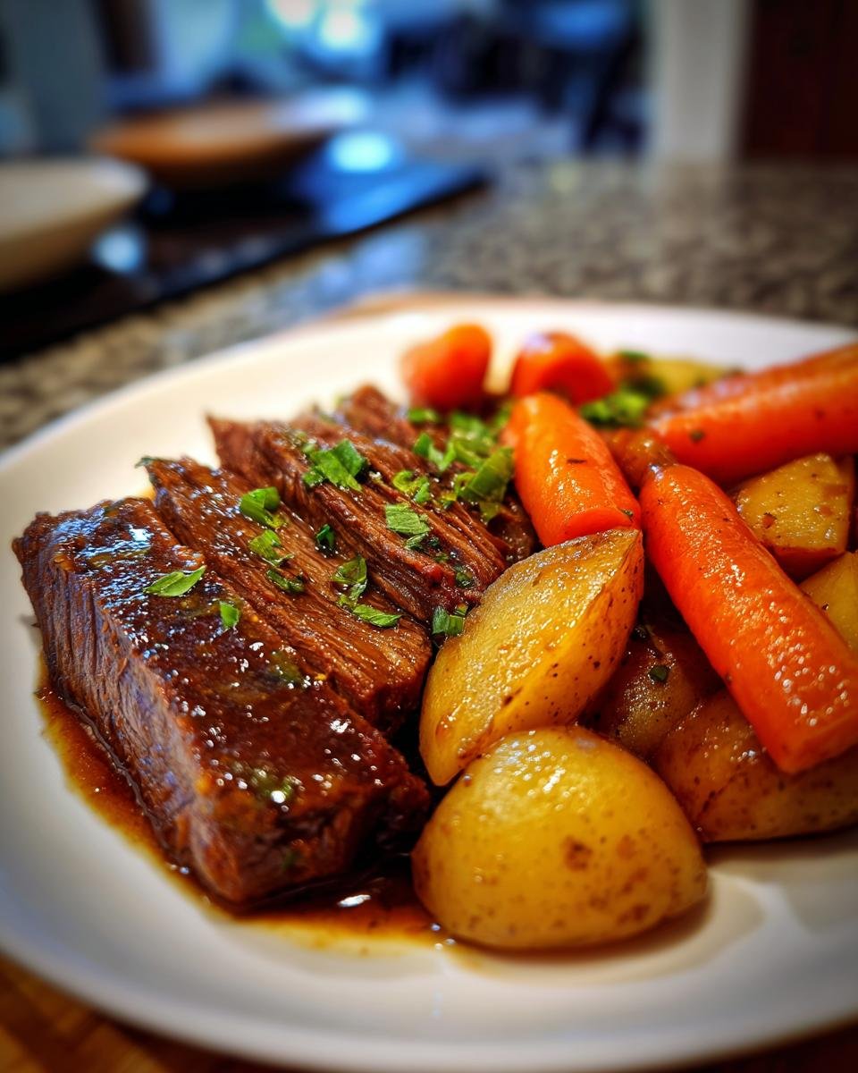 Close-up of sliced Korean Style Pot Roast covered in rich sauce, served with roasted potatoes and carrots.
