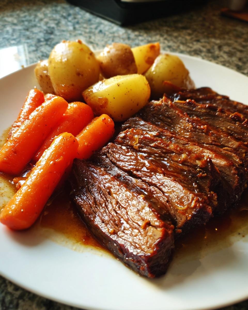 Close-up of sliced Korean Style Pot Roast served with glazed carrots and small roasted potatoes on a white plate.