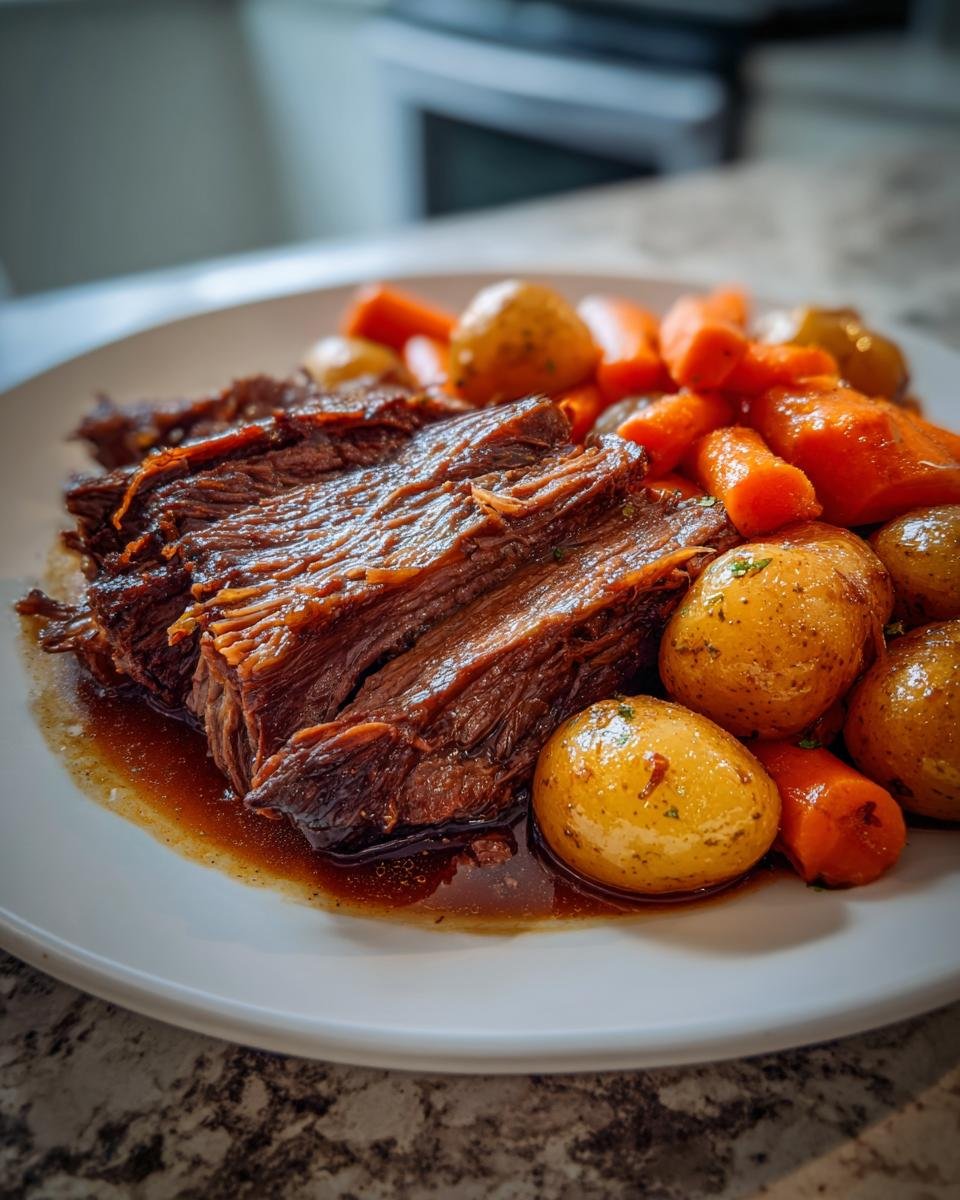 Slices of tender Korean Style Pot Roast served with glazed carrots and small potatoes.
