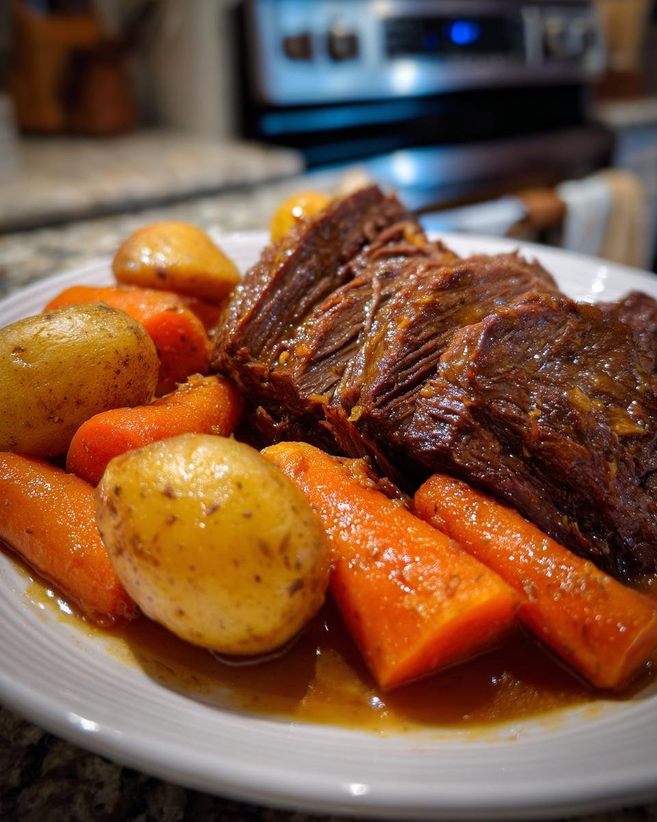 Close-up of tender, shredded Korean Style Pot Roast served with glazed carrots and small potatoes.