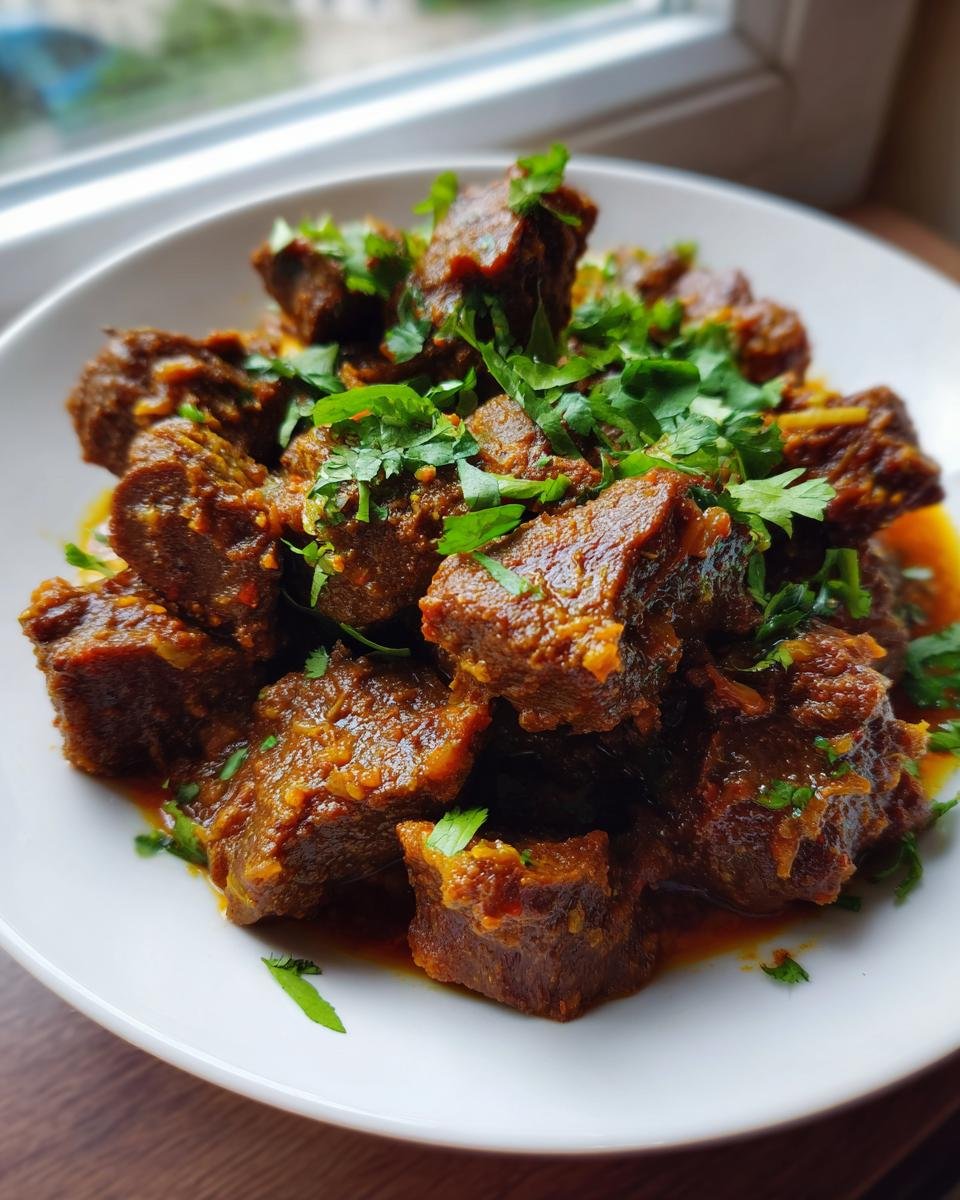 Close-up of rich, dark brown cubes of Lamb Kalya garnished generously with fresh chopped cilantro.