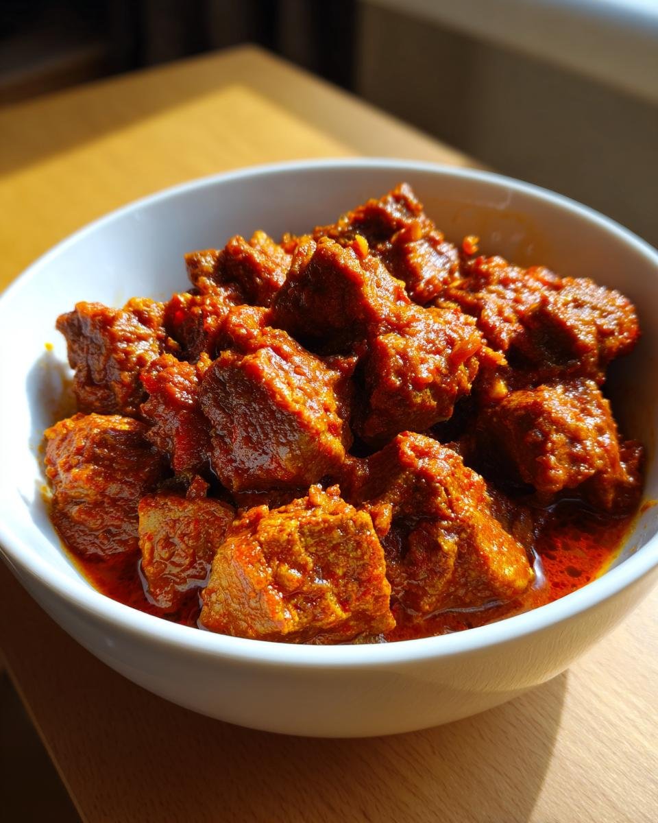 Close-up of tender chunks of rich, red Lamb Madras Curry served in a white bowl.