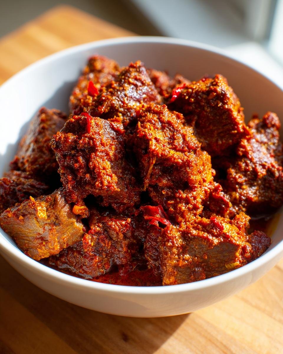 Close-up of tender chunks of rich, red Lamb Madras Curry served in a white bowl.