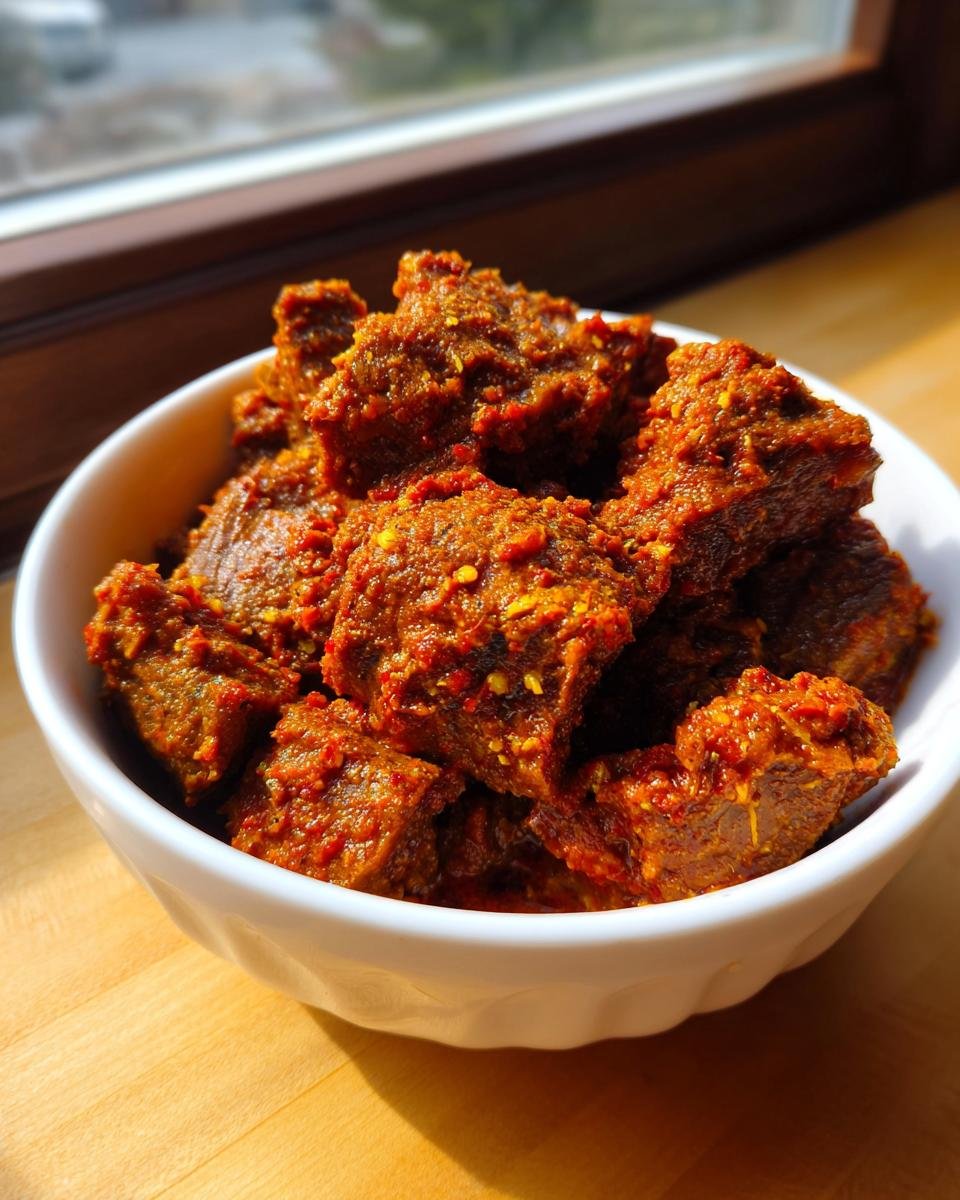Close-up of rich, red, spice-coated lamb pieces ready for Lamb Madras Curry in a white bowl.