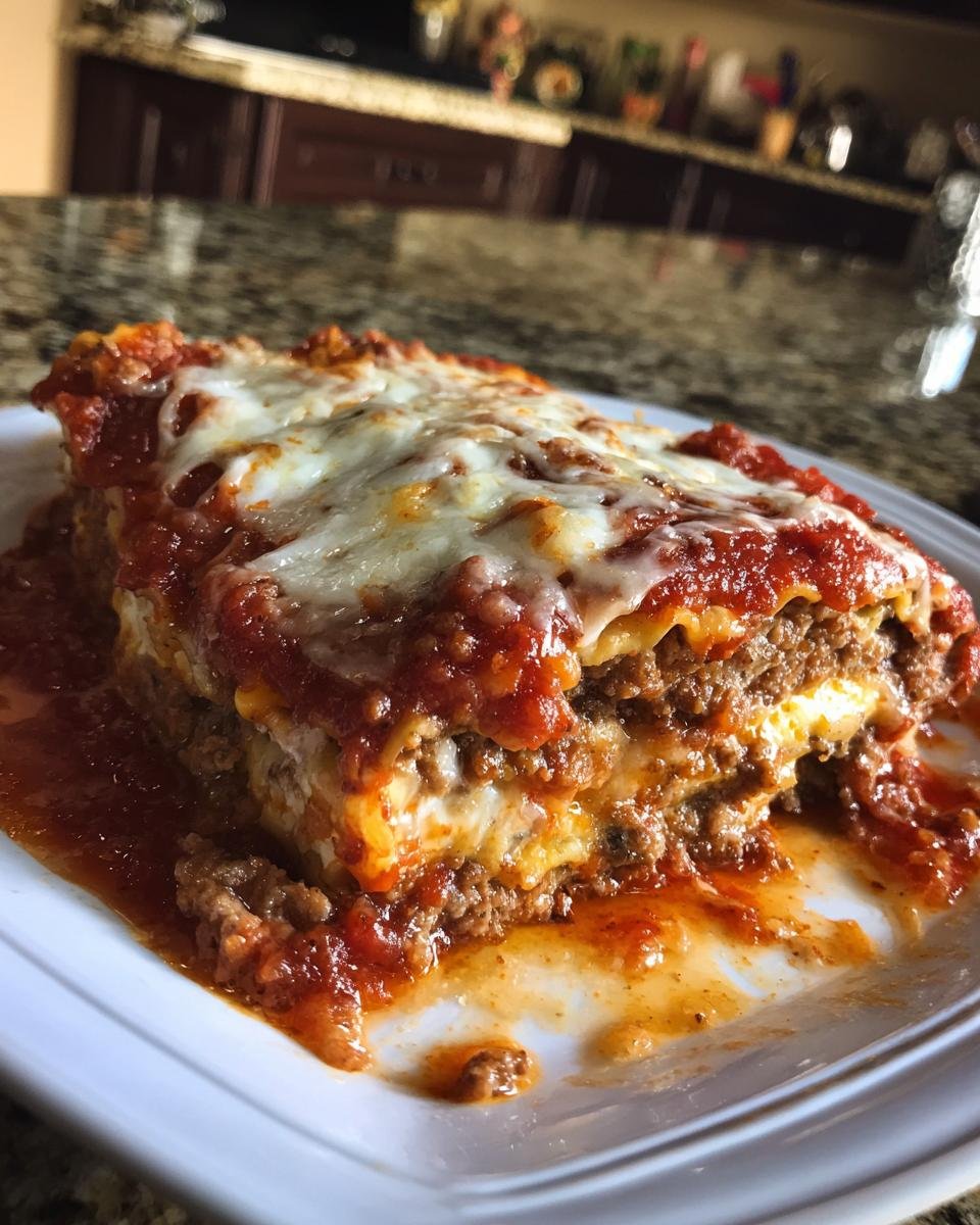 A close-up of a hearty slice of lasagna layered with meat sauce and melted cheese, similar to Zucchini Lasagna Roll Ups.