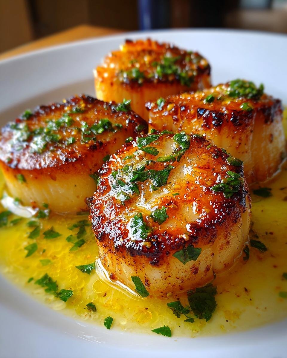 Four perfectly seared Lemon Butter Scallops resting in a pool of bright yellow lemon butter sauce and garnished with fresh parsley.