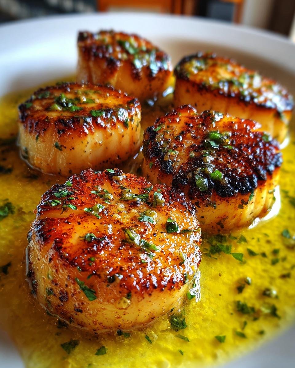 Close-up of five perfectly seared Lemon Butter Scallops swimming in rich lemon butter sauce and topped with fresh parsley.