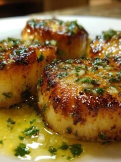 Four perfectly seared Lemon Butter Scallops resting in a pool of garlic butter sauce topped with fresh parsley.