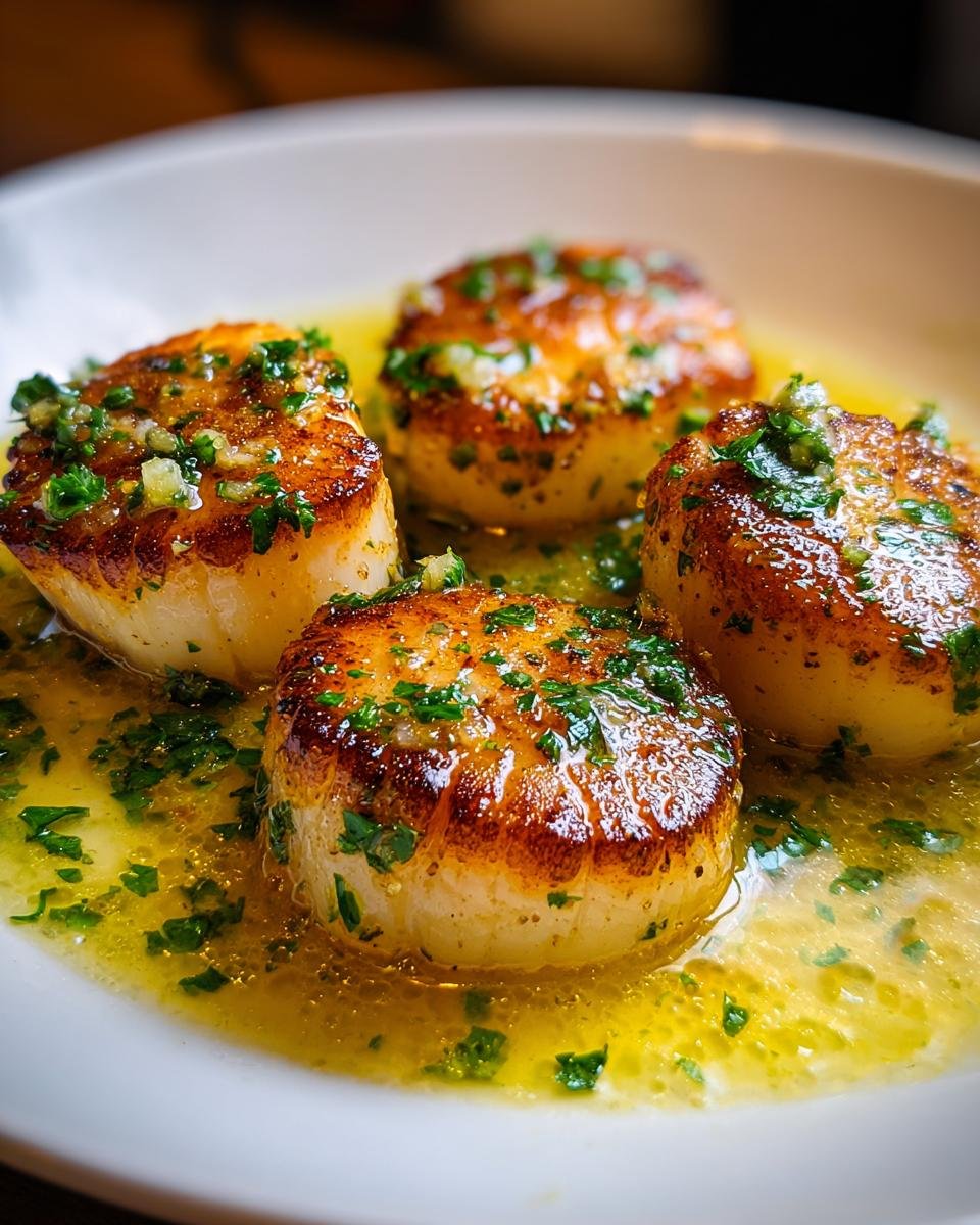 Four perfectly seared Lemon Butter Scallops swimming in a rich, bright yellow lemon butter sauce topped with fresh parsley.