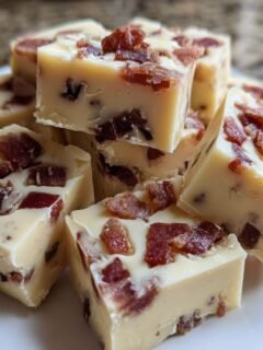 A stack of creamy white Maple Bacon Fudge squares topped with crunchy bacon bits, served on a white dish.