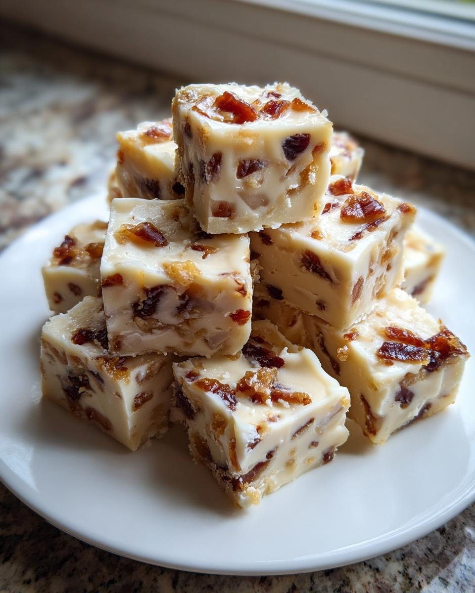 A stack of creamy white Maple Bacon Fudge squares topped with crispy bacon pieces, served on a white plate.