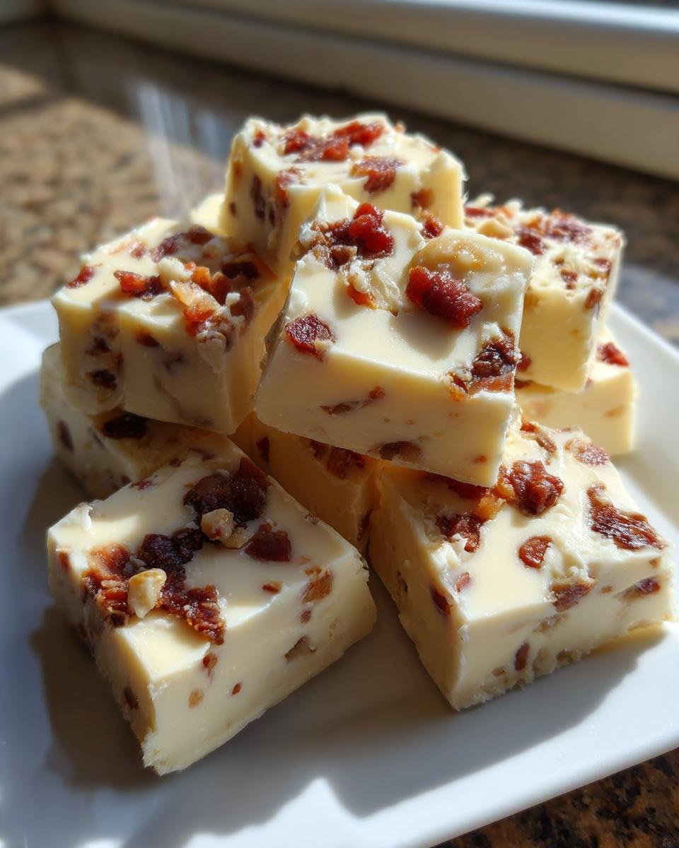 A stack of creamy white Maple Bacon Fudge squares topped with crispy bacon bits and nuts.