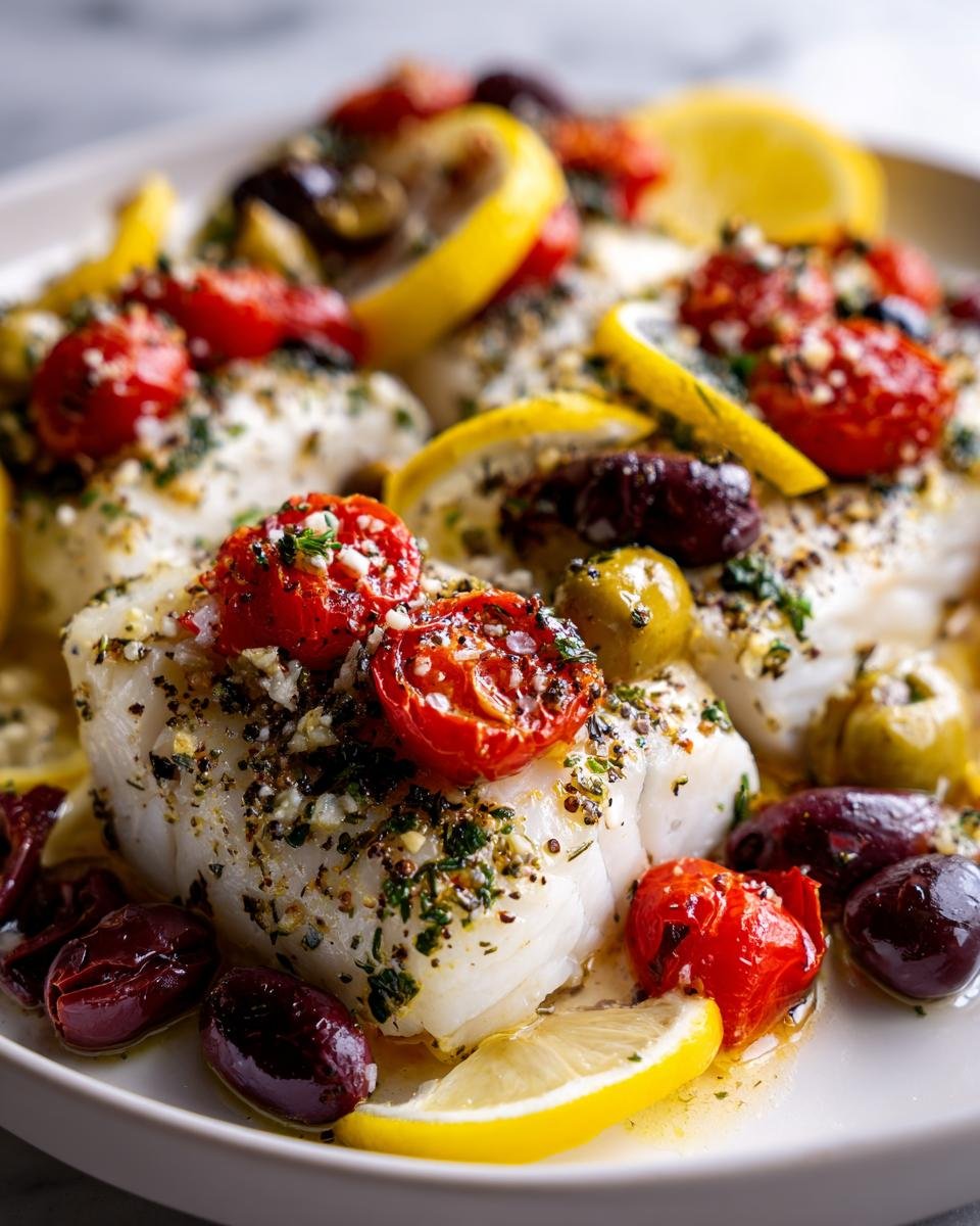 Close-up of flaky white Mediterranean Baked Cod topped with roasted cherry tomatoes, olives, and lemon slices.