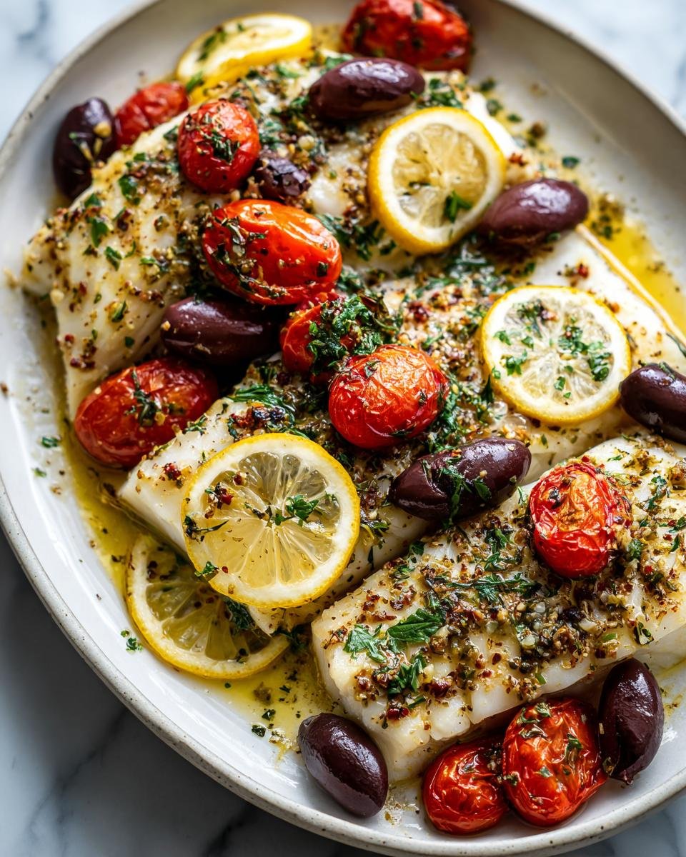 Two fillets of flaky Mediterranean Baked Cod topped with roasted cherry tomatoes, Kalamata olives, and lemon slices.