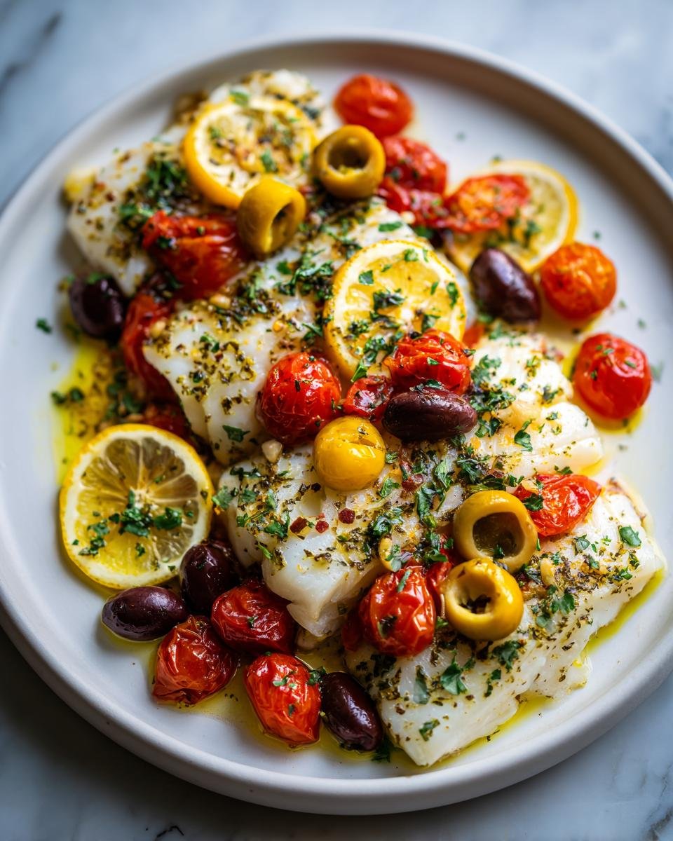 Close-up of flaky Mediterranean Baked Cod topped with roasted cherry tomatoes, lemon slices, and Kalamata olives.