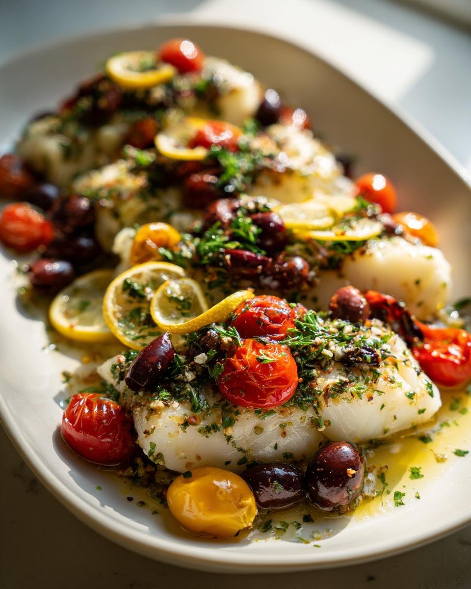 Close-up of perfectly cooked Mediterranean Baked Cod fillets topped with roasted cherry tomatoes, Kalamata olives, fresh herbs.