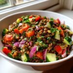 Close-up of a vibrant Mediterranean Lentil Salad featuring lentils, chopped tomatoes, cucumber, and red onion.