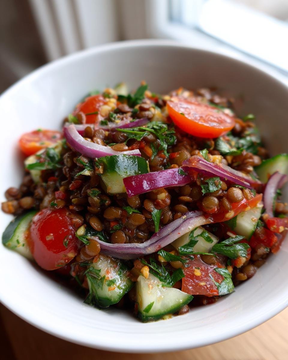 Close-up of vibrant Mediterranean Lentil Salad featuring brown lentils, sliced red onion, cucumber chunks, and cherry tomatoes.