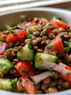 Close-up of a white bowl filled with vibrant Mediterranean Lentil Salad featuring lentils, cucumber, tomato, and red onion.