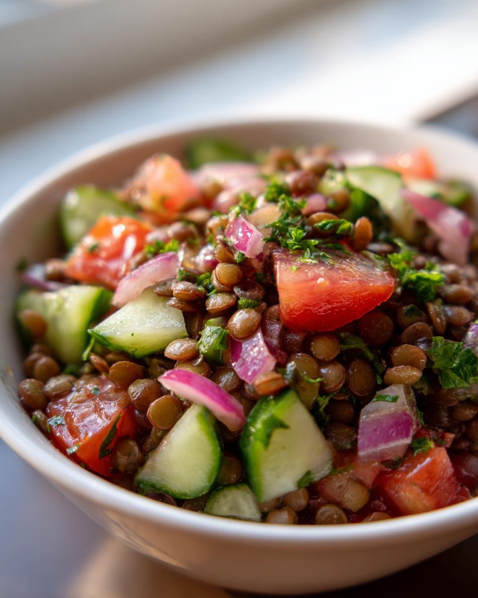Close-up of a white bowl filled with vibrant Mediterranean Lentil Salad featuring brown lentils, cucumber, tomato, and red onion.