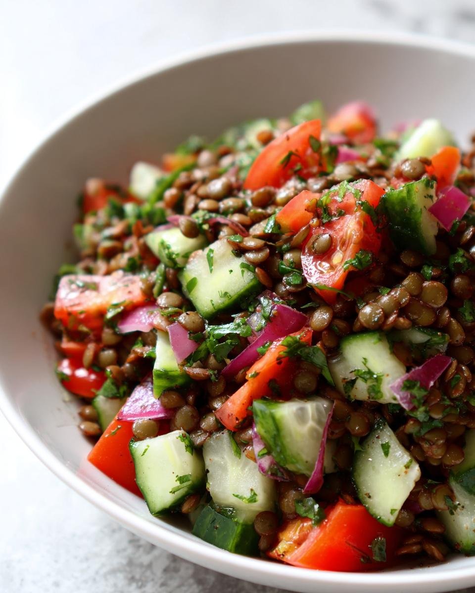 Close-up of a vibrant Mediterranean Lentil Salad featuring brown lentils, chopped tomatoes, cucumbers, and red onion in a white bowl.