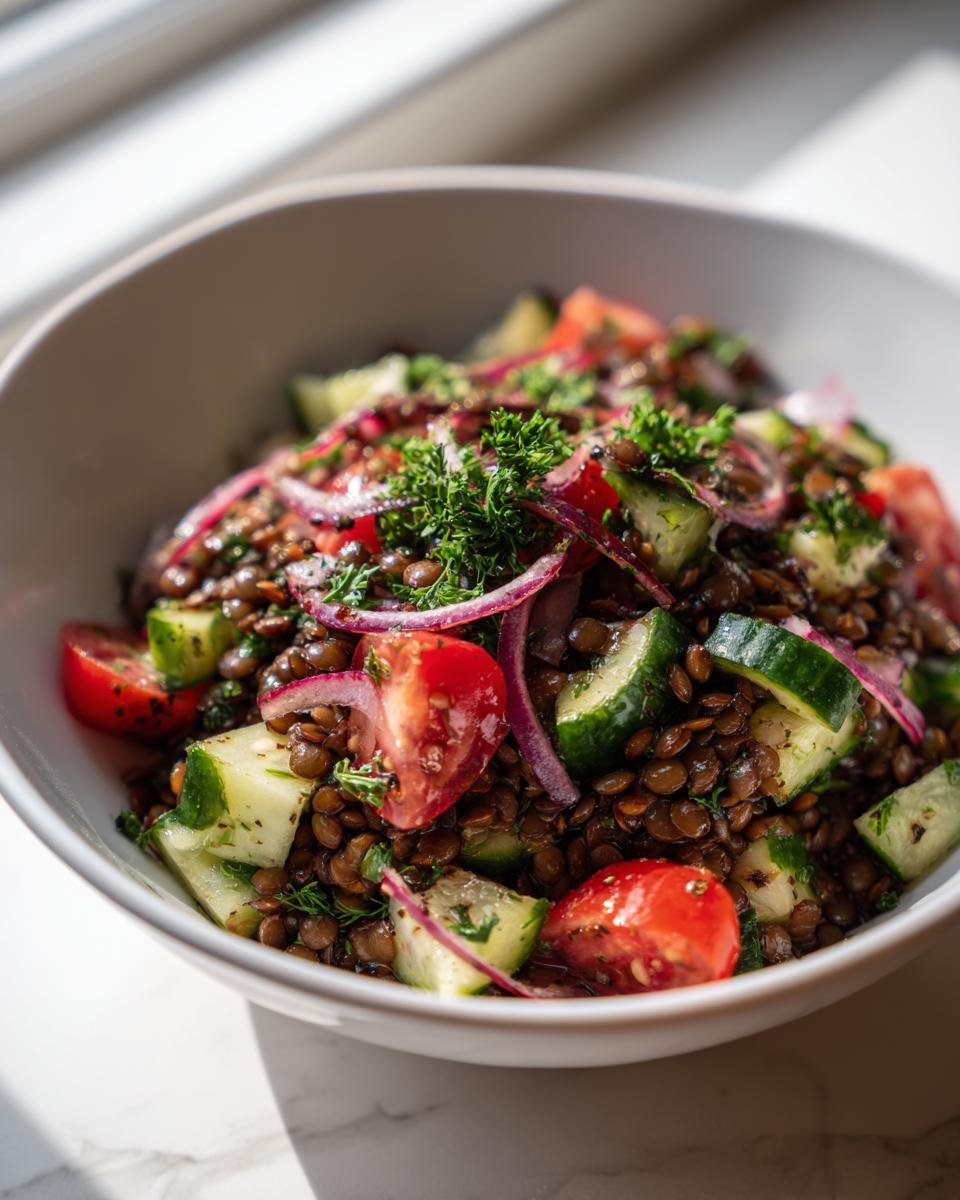Close-up of a vibrant Mediterranean Lentil Salad featuring lentils, chopped cucumbers, red tomatoes, and slivered red onions.