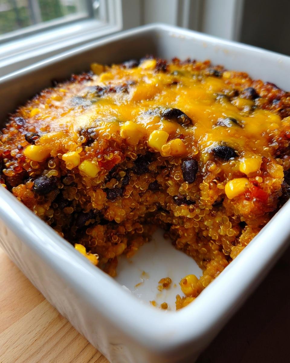Close-up of a baked Mexican Quinoa Casserole in a white dish, topped with melted cheddar cheese, corn, and black beans.