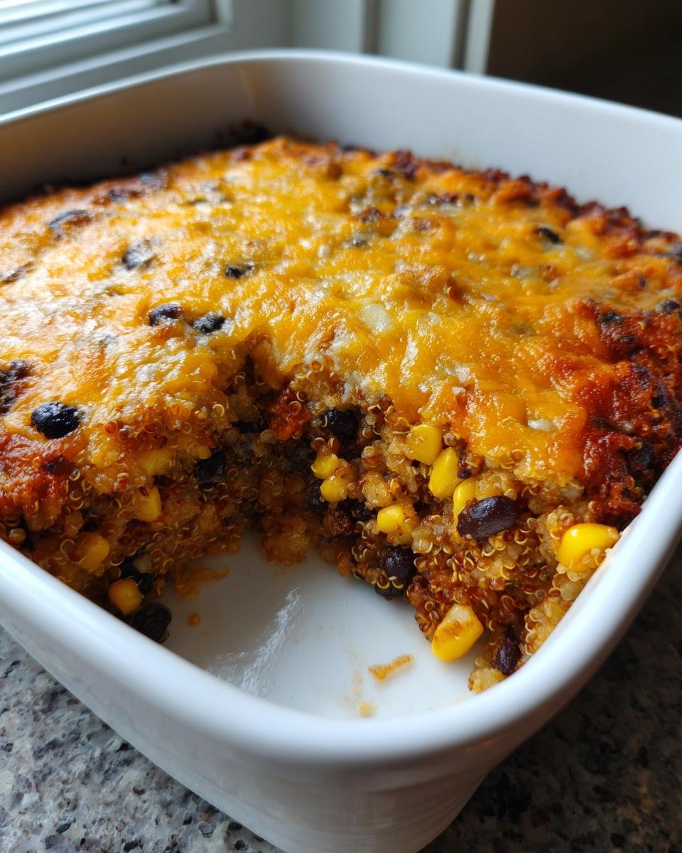 A close-up of a baked Mexican Quinoa Casserole in a white dish, showing melted cheddar cheese over quinoa, black beans, and corn.