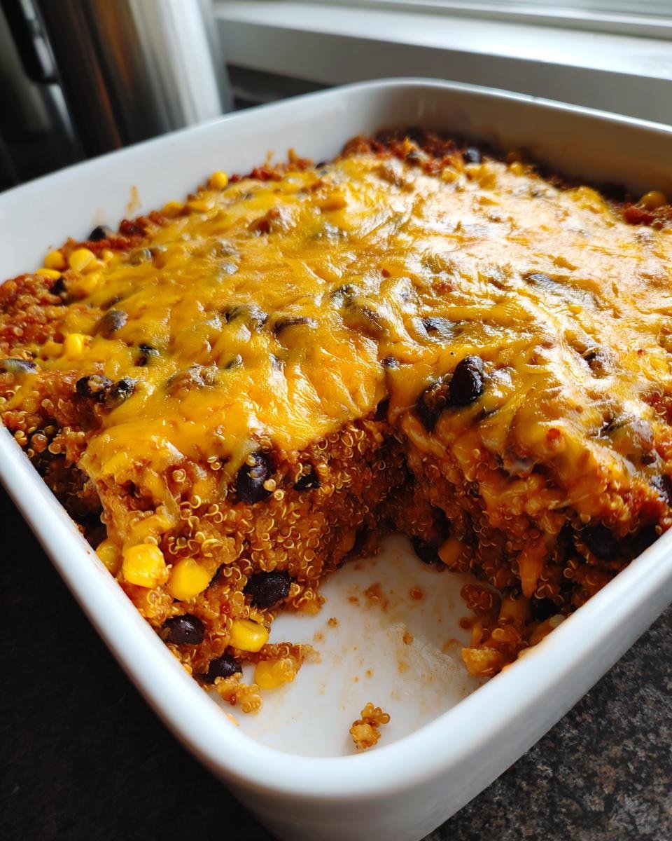 A close-up of a baked Mexican Quinoa Casserole topped with melted cheddar cheese, showing corn and black beans throughout.