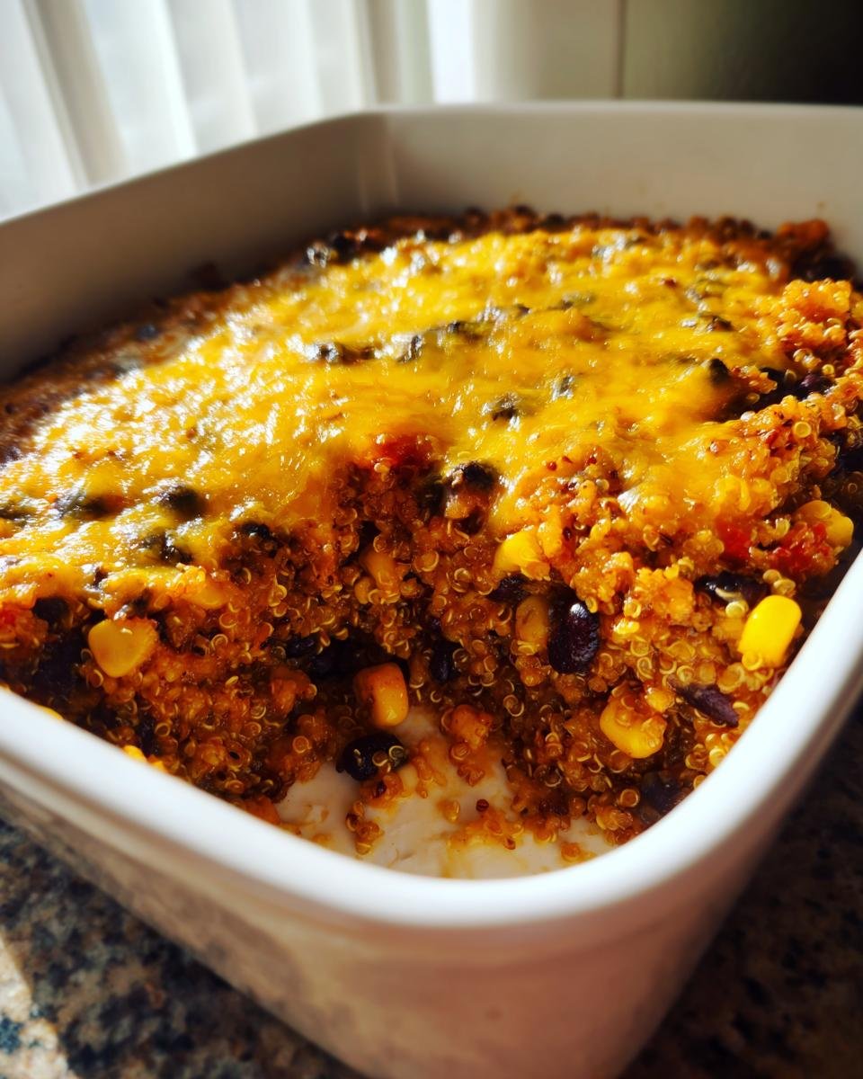 Close-up of baked Mexican Quinoa Casserole topped with melted cheddar cheese in a white dish.