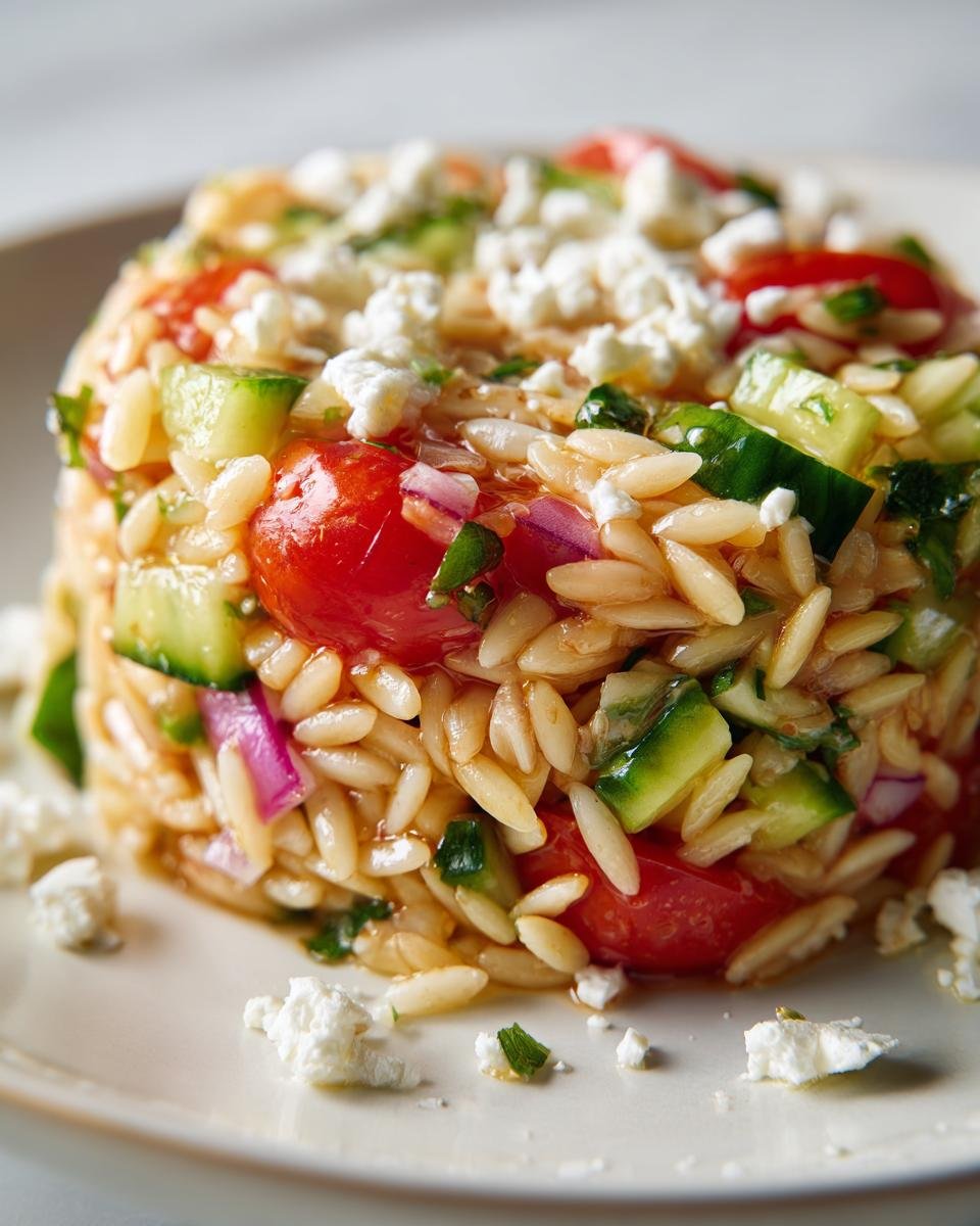 Close-up of a molded serving of vibrant Orzo Pasta Salad featuring orzo, cherry tomatoes, cucumber, and crumbled feta cheese.