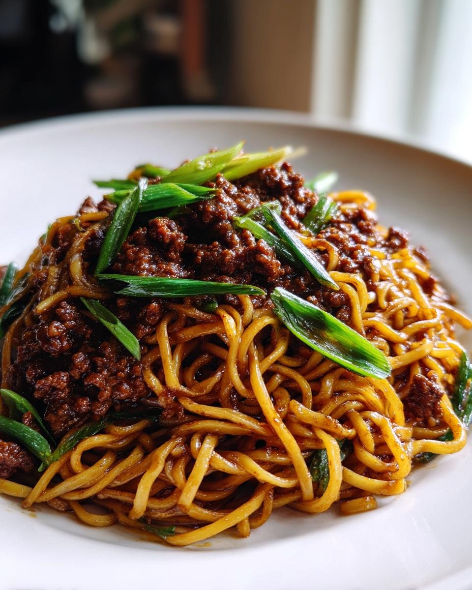 Close-up of a plate of saucy Mongolian Ground Beef Noodles topped generously with sliced green onions.
