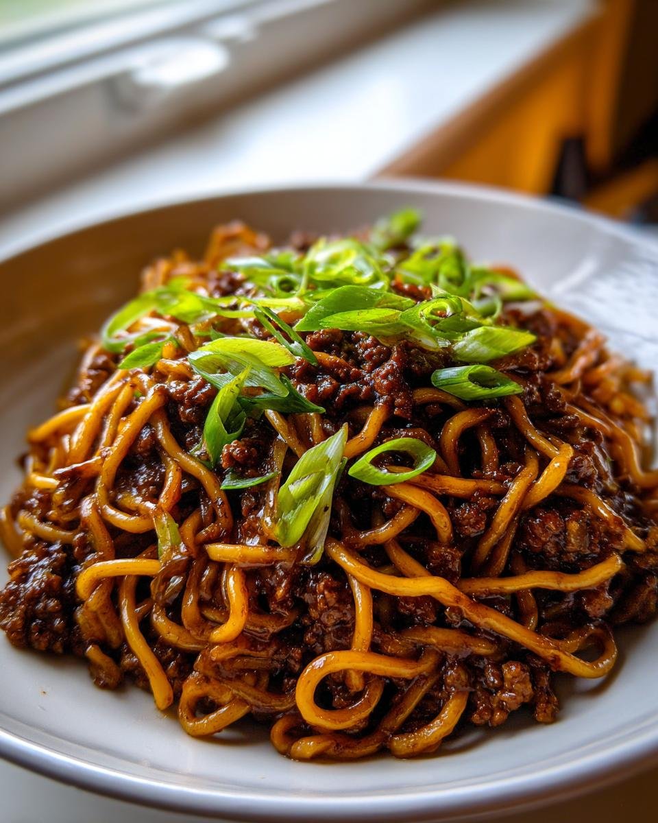 A close-up, appetizing serving of glossy Mongolian Ground Beef Noodles topped with fresh sliced green onions.