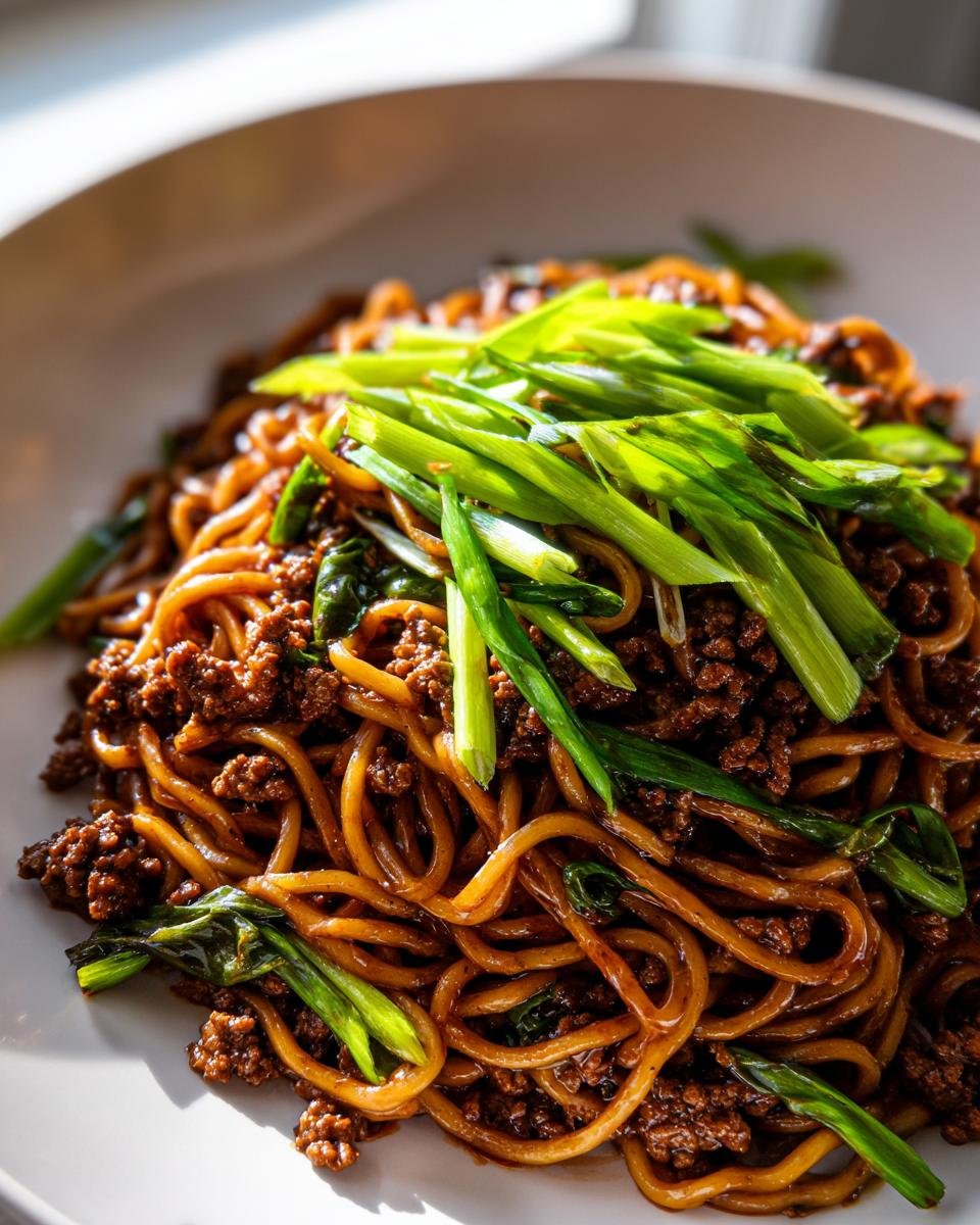 A close-up of glossy, saucy Mongolian Ground Beef Noodles topped generously with bright green sliced scallions.