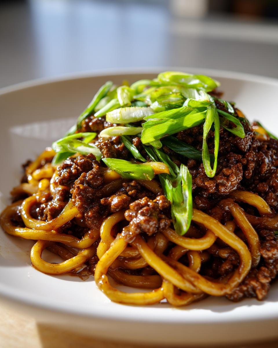 Close-up of rich Mongolian Ground Beef Noodles coated in a dark sauce and topped with fresh green scallions.