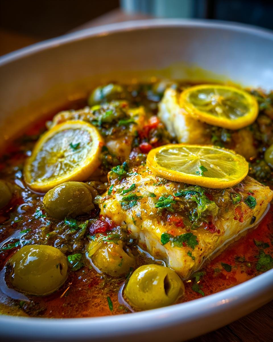 A close-up view of a piece of white fish served in a rich sauce with green olives and topped with lemon slices in a Moroccan Fish Tagine.