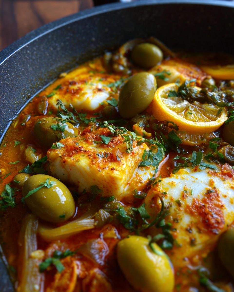 Close-up of flaky white fish fillets simmering in a rich, spiced sauce with green olives and lemon slices in a Moroccan Fish Tagine.