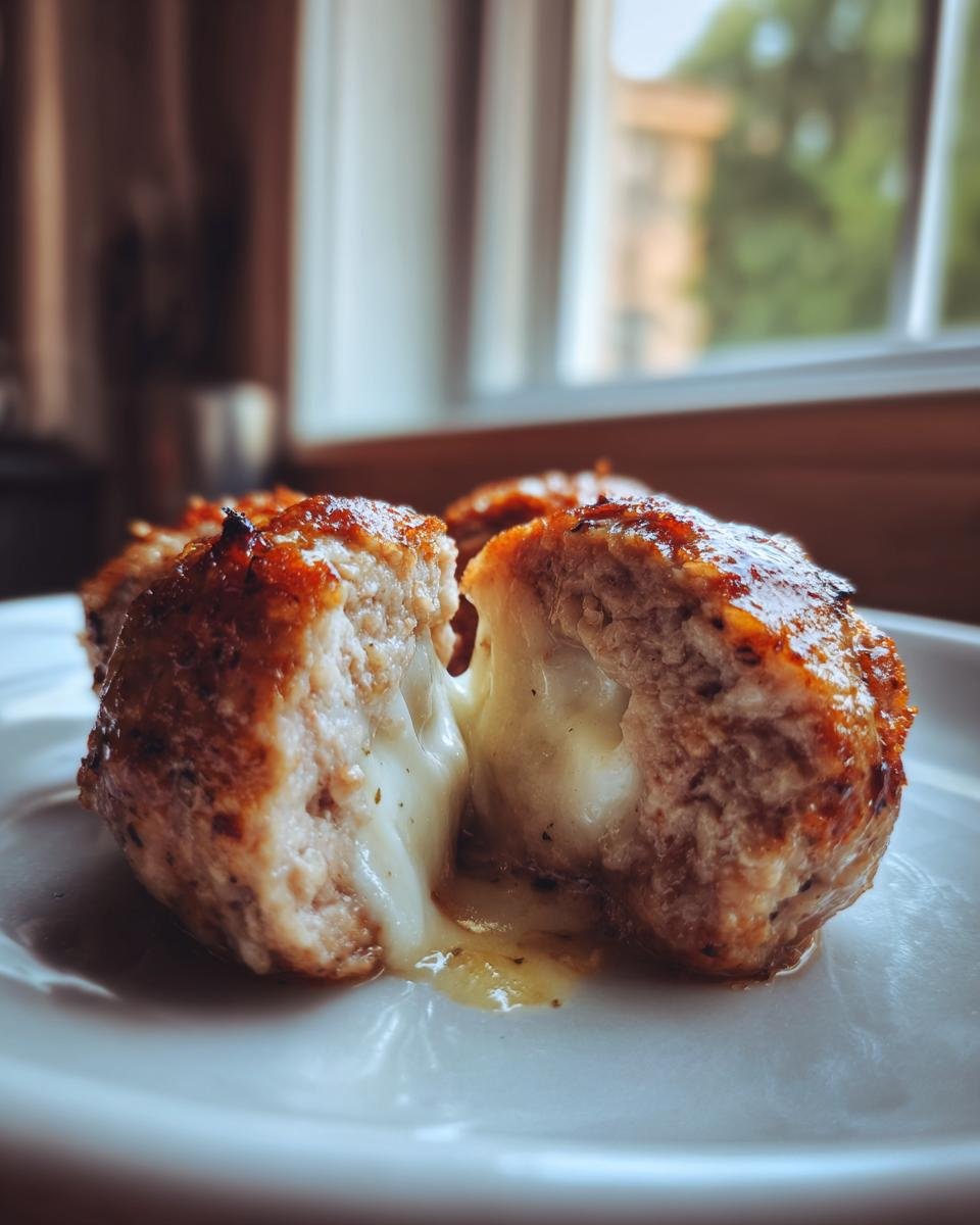 Close-up of Mozzarella Stuffed Turkey Meatballs cut in half, showing melted mozzarella cheese oozing out.